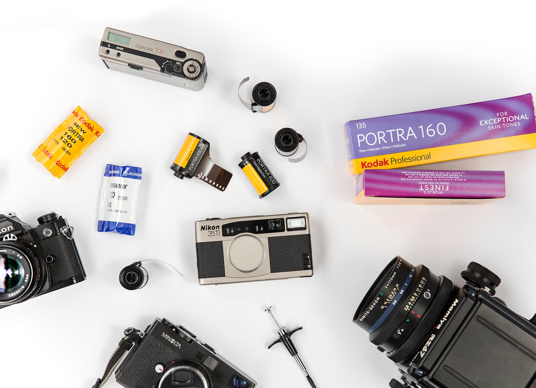 Film cameras and 35mm film flat lay